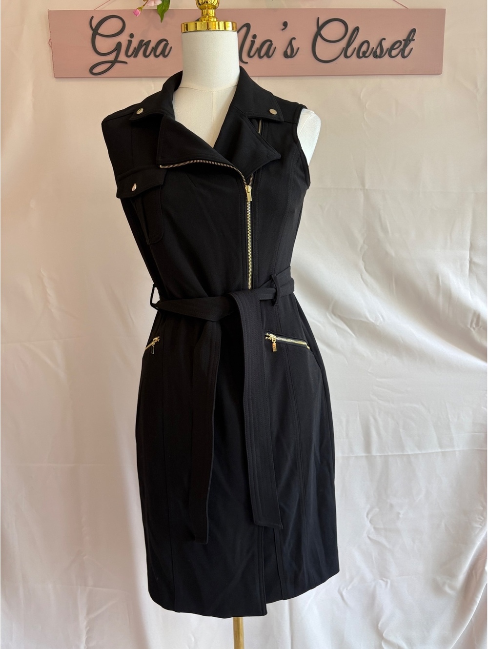 Andrew Marc Sleeveless Moto Dress Black Size 6 with Belt and Zip Pockets